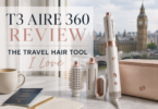 The next-gen T3 Aire 360 multi-styler displayed on a counter with a passport and the London Big Ben skyline in the background.