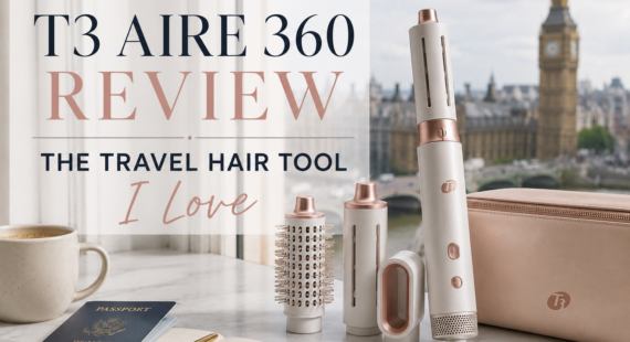 The next-gen T3 Aire 360 multi-styler displayed on a counter with a passport and the London Big Ben skyline in the background.