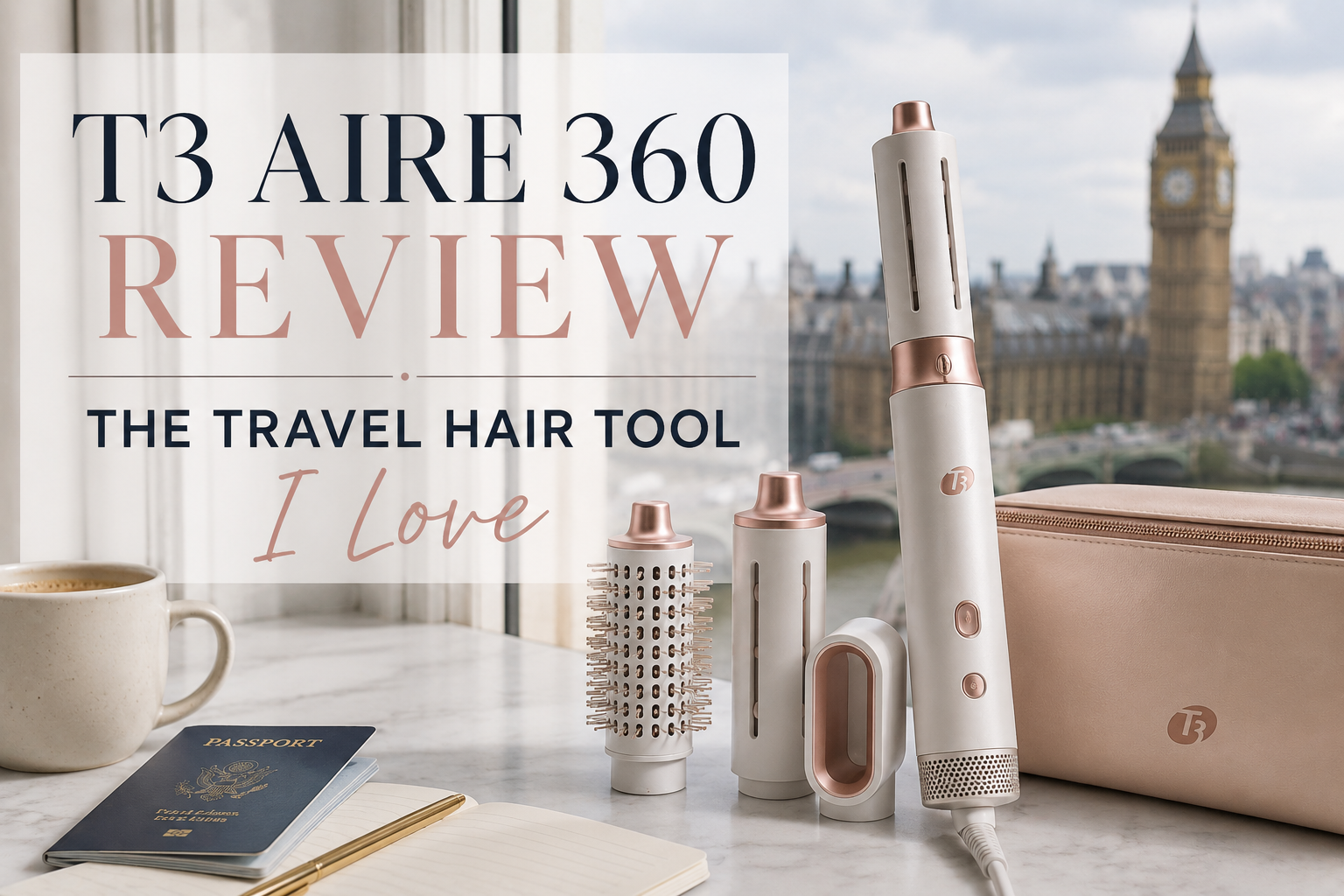 The next-gen T3 Aire 360 multi-styler displayed on a counter with a passport and the London Big Ben skyline in the background.